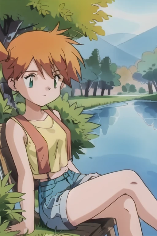 1girl, sitting by a lake, forest, misty day, <lora:Misty:0.6>