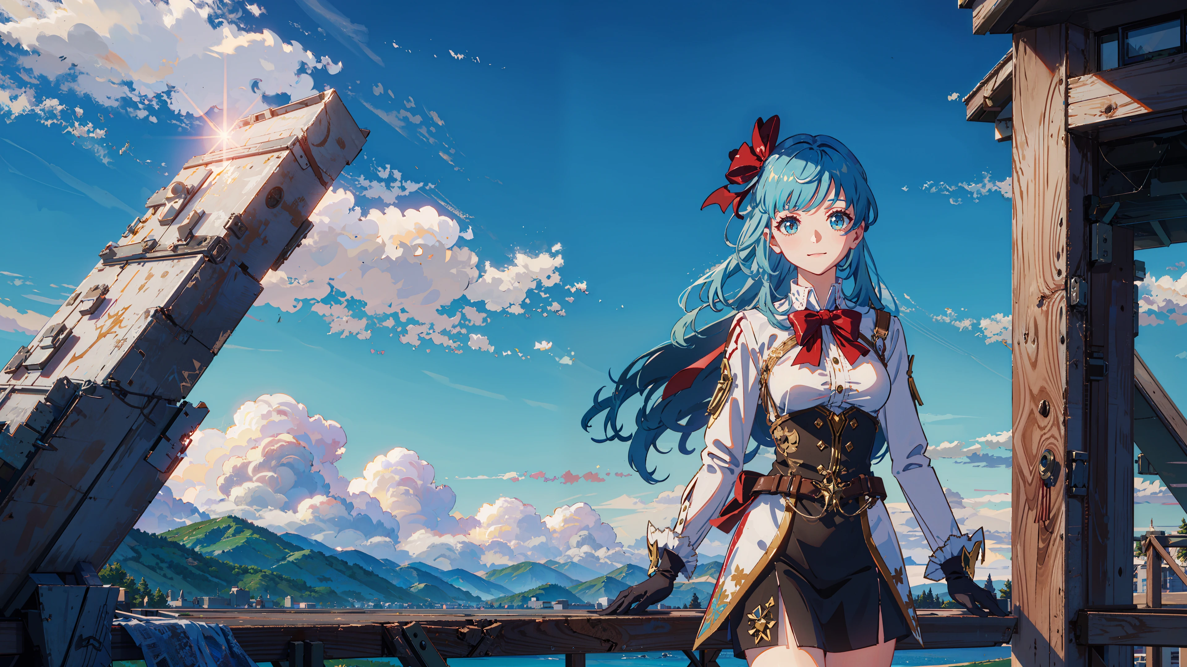 masterpiece, best quality,
1girl, bangs, black gloves, blue hair, blue sky, breasts, day, gloves, large breasts, long hair, long sleeves, looking at viewer, mountain, outdoors, ribbon, smile, solo, tower,
sky, cloudy sky, building, sunlight, sun