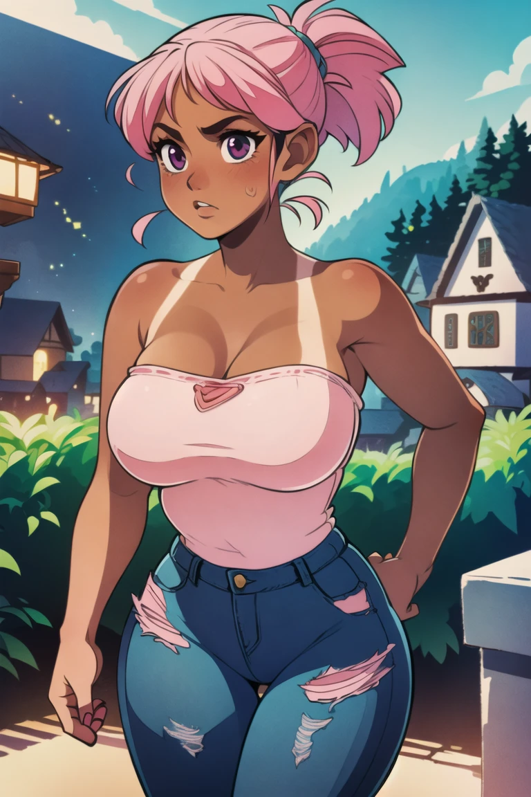girl, (detailed eyes),(cat:1.4), Futuristic,Village Background,Plus Size,Big Breasts,(Running),Short Hair,Ponytail,(pink Bardot Top,tan Jeans:1.3),One Piece,Nail Polish ,(masterpiece,detailed,highres:1.4) <lora:contact:0.75>