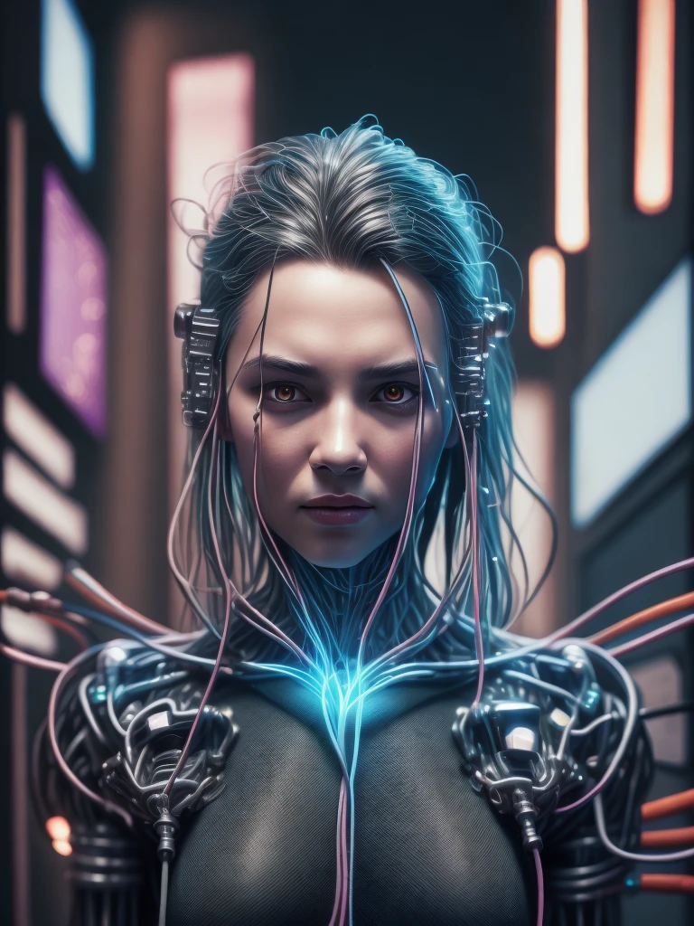 [award winning photo portrait of a cute smile girl standing outside a cyberpunk neon city street:award winning photo of a cyborg, bundle of glowing fiber optic cables:0.2], epic realistic, art, (hdr:1.2), (muted colors:1.2), pastel, hyperdetailed, (artstation:1.5), warm lights, dramatic light, (intricate details:1.2), vignette, complex background