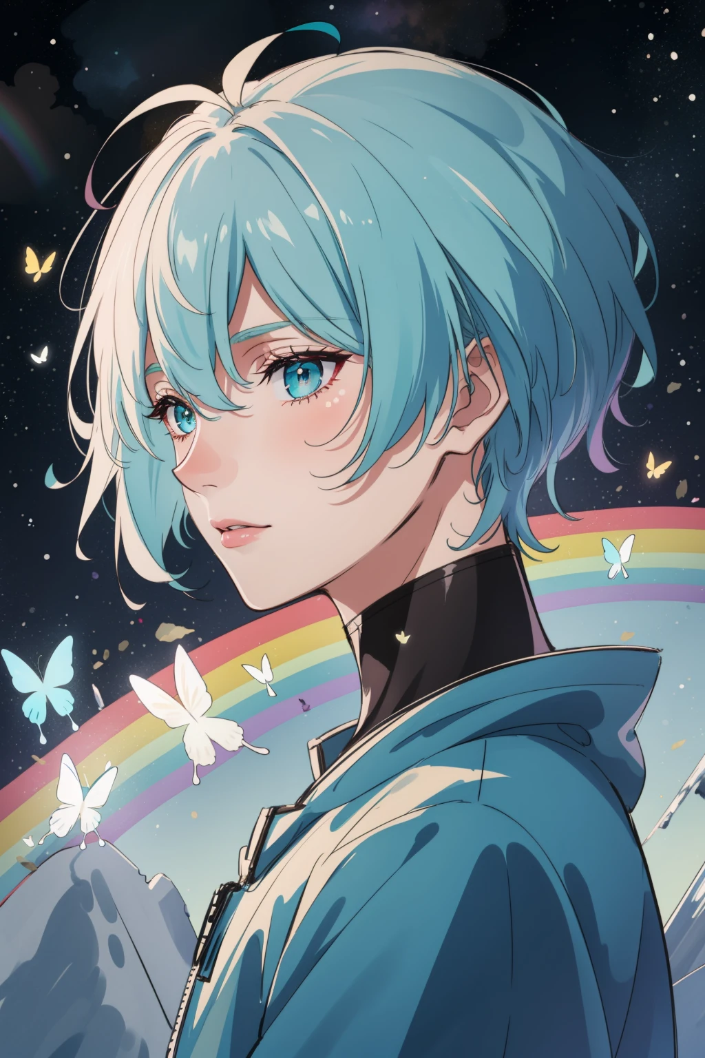 masterpiece, best quality, 1 boy, male focus, pastel rainbow hair, aqua eyes, from side, space, galaxy, milky way, starry sky, glitter, astrology, broken glass, rainbow light, swirling wind, extremely detailed face, Shining white particles, rainbow-colored butterfly