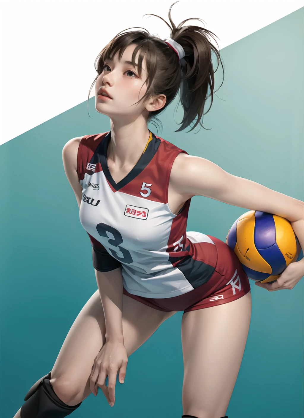 1girl,volleyball uniform,realistic, , tall ,narrow waist,wide hips,bent over, (masterpiece, high quality:1.2)