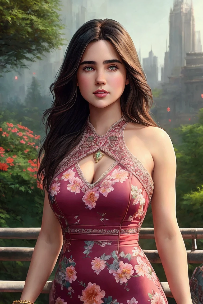 picture of (j3nn1f3rc0n-1800:0.99), a woman (wearing a tight floral dress with neckline:1.2), modelshoot style, (extremely detailed CG unity 8k wallpaper), photo of the most beautiful artwork in the world, professional majestic oil painting by Ed Blinkey, Atey Ghailan, Studio Ghibli, by Jeremy Mann, Greg Manchess, Antonio Moro, trending on ArtStation, trending on CGSociety, Intricate, High Detail, Sharp focus, dramatic, photorealistic painting art by midjourney and greg rutkowski, ((football stadium in background)), (looking at viewer), (detailed eyes:1.2), (looking at viewer:1.3), (closeup:1.1)