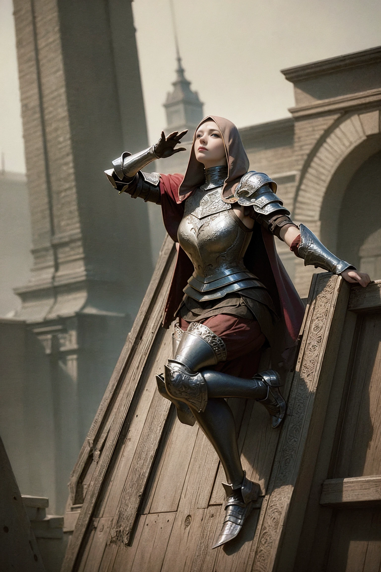 eldenring\(armor\),eldenringarmor, highres, (8k, RAW photo, best quality, masterpiece:1.2), (realistic, photo-realistic:1.37), falling from the castle wall, 1girl, solo, in the middle of country side, face to the viewer, (full body), beautiful face, armor, helmet, faulds, <lora:ER_ARMOR_Loha_V3-000008:0.7>, hood,hands behind the body