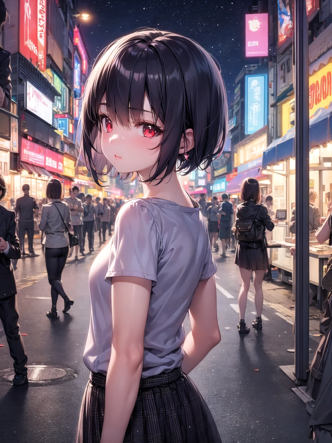 masterpiece, best quality, 1girl, short hair, bangs, red eyes, skirt, looking at viewer, night, street, neon, looking back, star \(sky\), crowd, upper body,