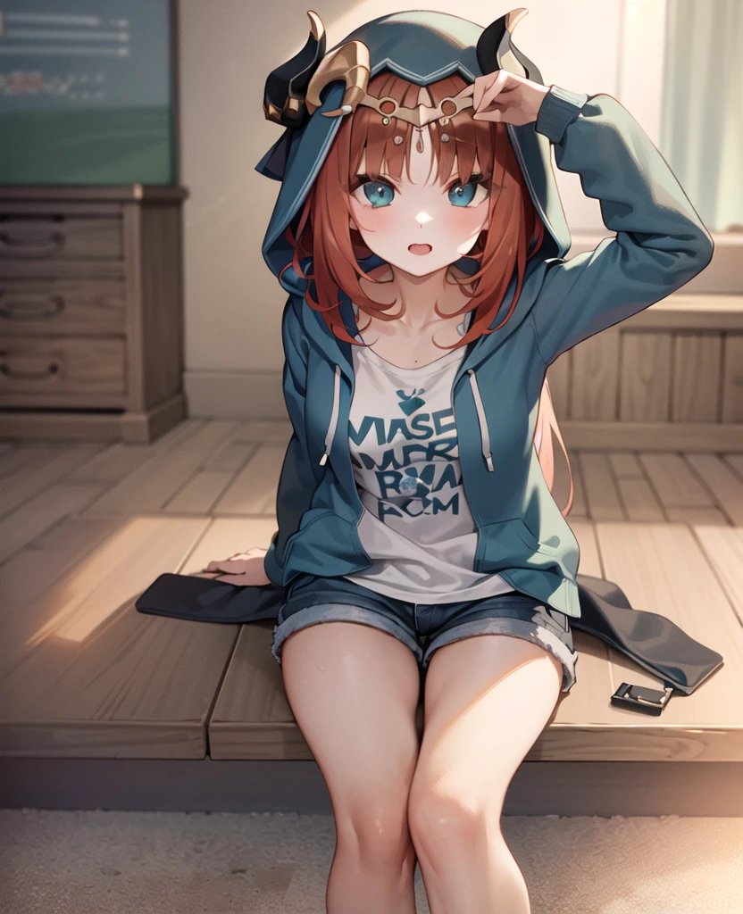 masterpiece, best quality, 1girl, hoodie, hood on head, jean shorts <lora:Nilou-000060:1>