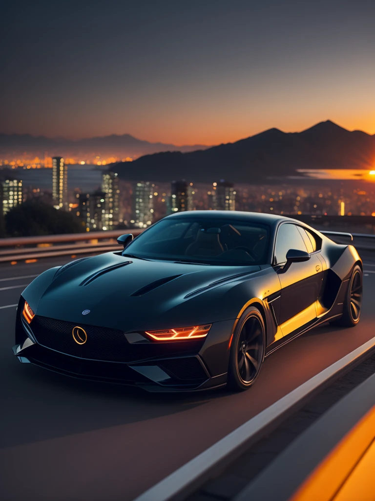 luxury car, sunset, view from roof, city lights in the background, road, dark horror futurism, cinematic, fine details, 8k, (dark shot:0.7), Subsurface scattering, (ambient lighting:1.3), (ArtStation:1.3)