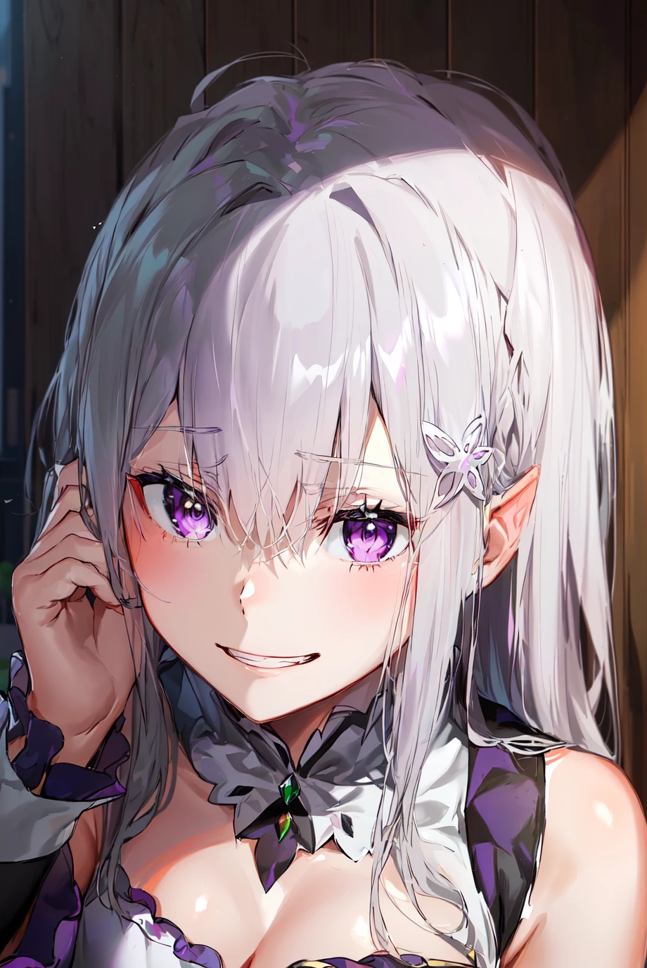 best quality, highres, ultra-detailed, Emilia, purple_eyes, grey_hair, upper_body, standing, medium_breasts, cleavage, very_long_hair, (empty_eyes, messy_hair,crazy_smiile, yandere, messy_clothes:1.3),