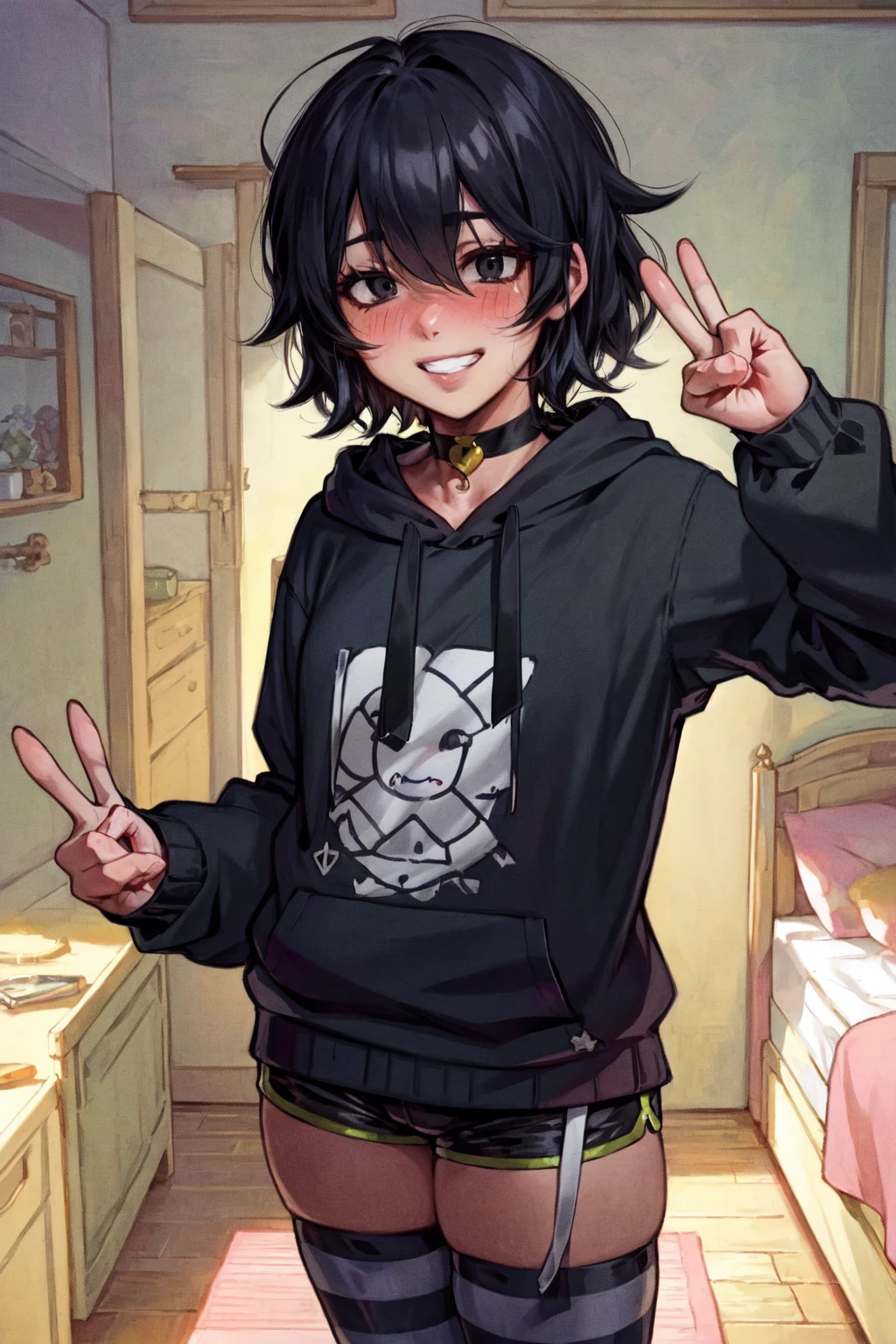 Art anime Cartoon digital,furry masculino,beautiful body,Bblack hair,blue colored eyes,light brown fur color,cute face,dark brown hairy tail with white,face of shame,flushed,sitting not sofa,long pink socks,big-ass, black pantyhouse,short shirt with heart,neck collar.