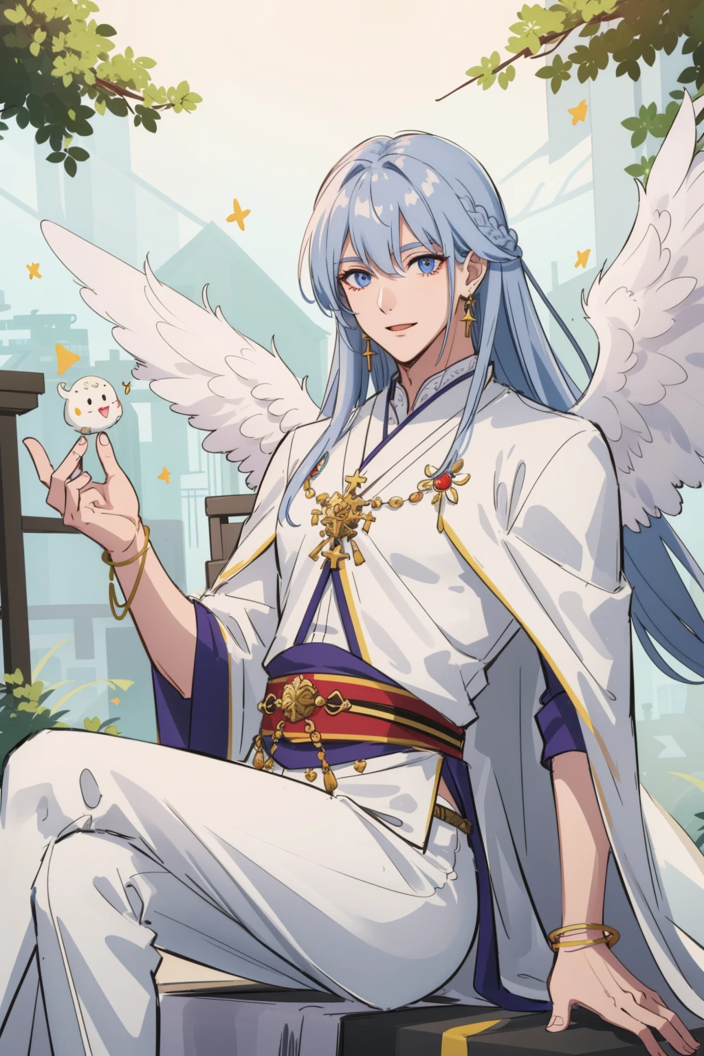 masterpiece, best quality, 1 male, adult, handsome, tall muscular guy, thigh focus, pastel color long hair, fantasy, complex pattern, detailed face, angel wings, lens flare, colorful, glow white particles, white robe, gold bracelets and accessories, prism, glowing, glitter, particles, bloom, likes to celebrate and have fun, enjoys nature, bright and optimistic outlook, creative and adventurous spirit, represents happiness and harmony