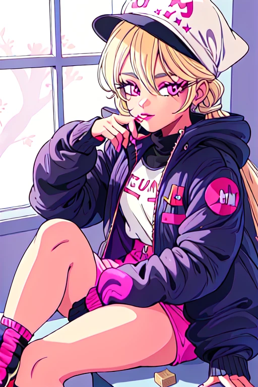 1girl, counting money in a puffer jacket with a bucket hat, american household, split half blonde half black hair, african american, pink lips, mascara, makeup, designer curtains, holes in the walls, window, 80's anime style, flat color, biker shorts