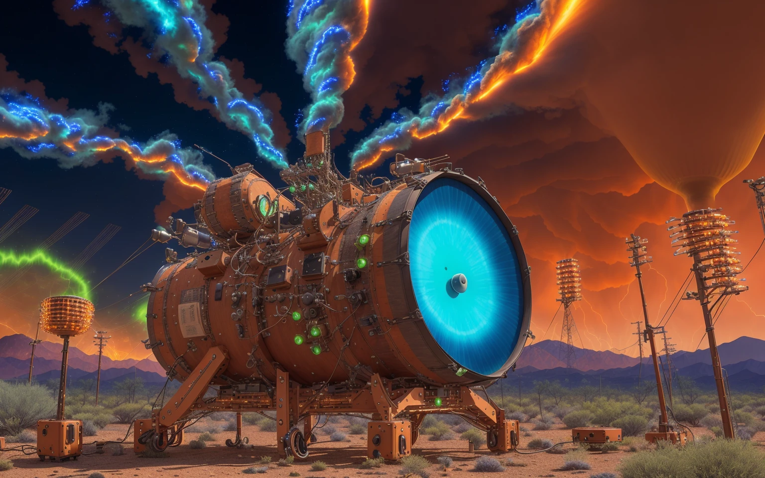 <lora:teslapunkai_v10:0.25>, a photograph of a taiko drum beside a synthesizer beside giant speakers, on a desert landscape, surrounded by traceries of fire and (electricity), green plasma streamers in the background, very detailed, intricate, HDR, HDRI, (floating musical notes:1.2), stormy sky, <lora:to8_ContrastFix_sd15:0.5>, (blue:0.1)
