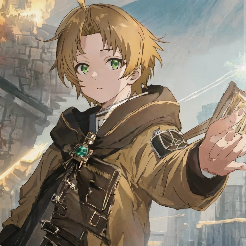 1boy, rudeusg, green eyes, <lora:RudeusGrayrat:1>, (exceptional, best aesthetic, new, newest, best quality, masterpiece, extremely detailed:1.2), magic, mushoku tensei, blonde hair, short hair,