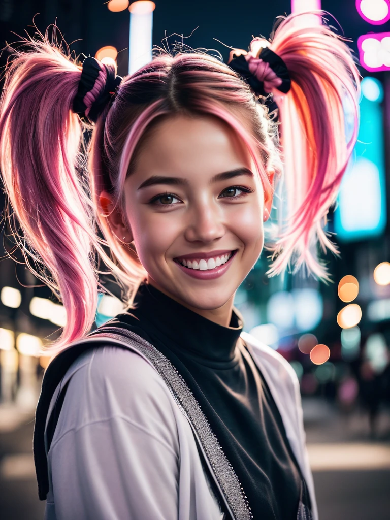 Portrait photo of a young girl, (laughing:0.7), pink ponytails hair, complex city background, backlit, (cinematic:1.5), epic realistic, hyperdetailed, insane details, intricate details, accent lighting, soft volumetric light, bokeh, (dramatic light:1.2), (neutral colors:1.3), cross process