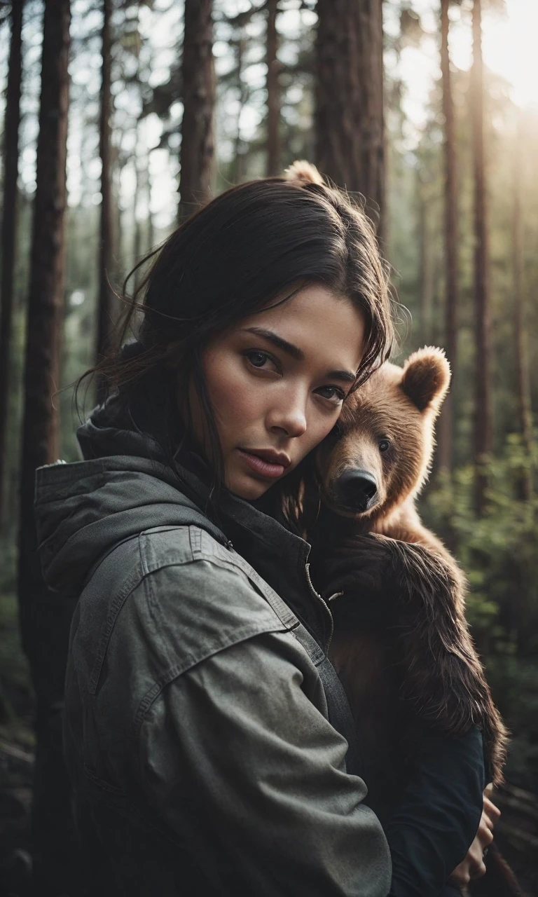 . woman with a bear, selfie, photo, real-life, forest photo realistic, ultra details, natural light, light background