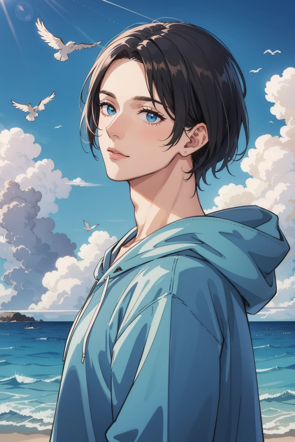 masterpiece, best quality, 1 male, handsome, very short hair, complex pattern, detailed face, best ratio four finger and one thumb, upper body, casual clothes, oversized hood, ocean background, many birds, blue sky full of extremely brilliant clouds, sparkling horizon, glittering debris