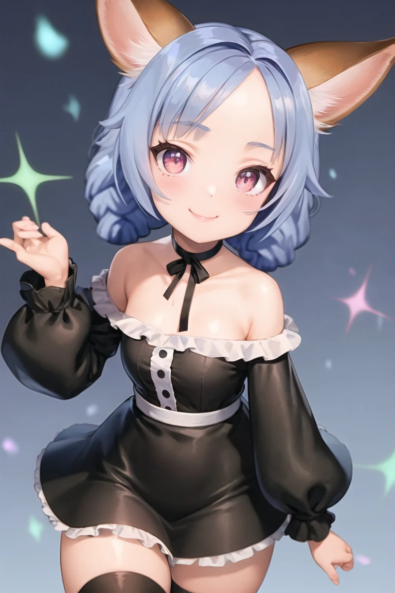 1girl, <lora:ElinDress:1>, elin, white thighhighs, black dress, smile, off shoulder, blue hair, forehead, twin braids,