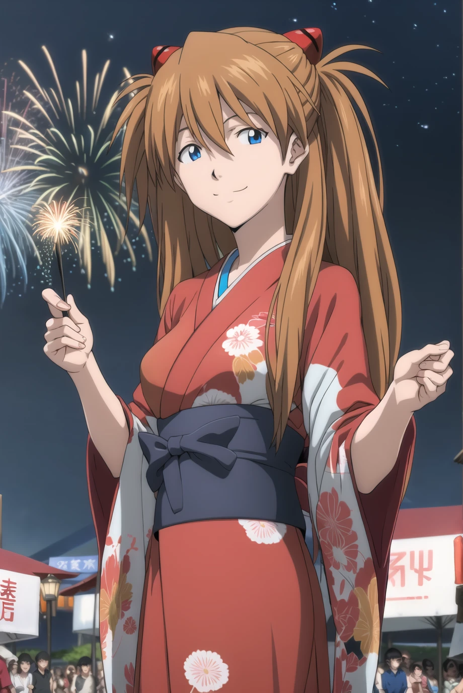 rebuild style, souryuu asuka langley, brown hair, long hair, blue eyes, looking at viewer, smile, (red kimono), summer festival, fireworks, night, cowboy shot, <lora:rebuildOfEvangelion_v4b-26:0.8>,