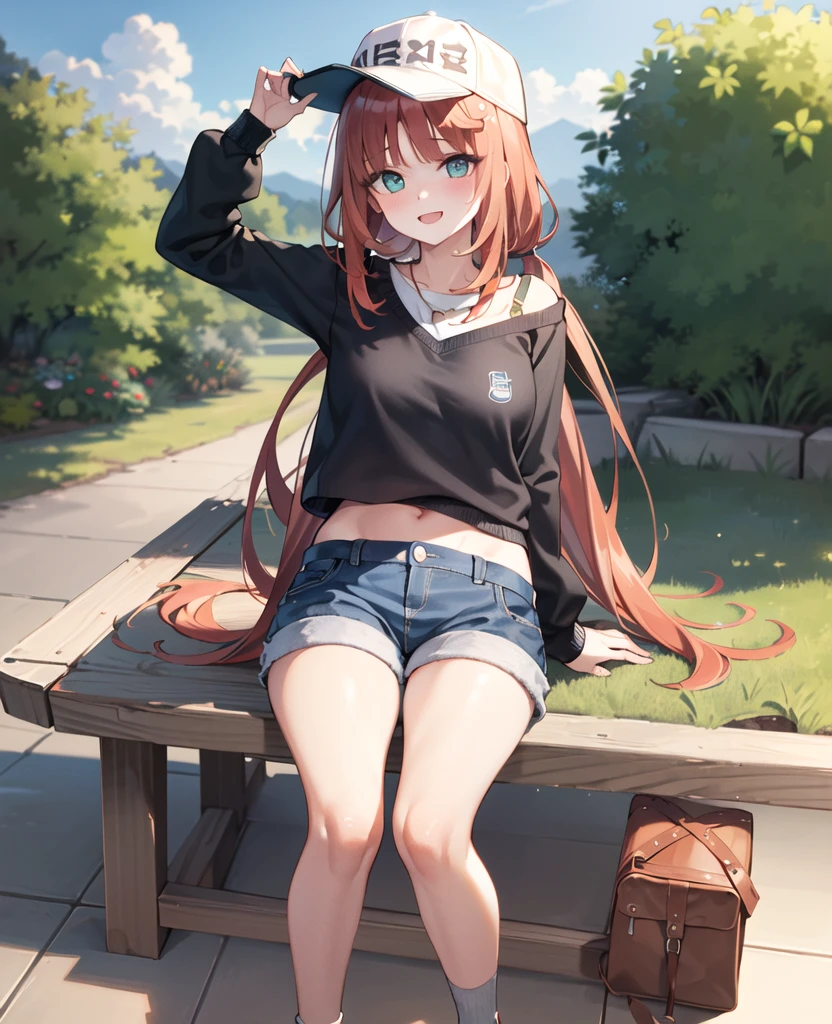 masterpiece, best quality, 1girl, nilou_genshin, sweater, jean shorts, baseball cap <lora:Nilou-000060:1>