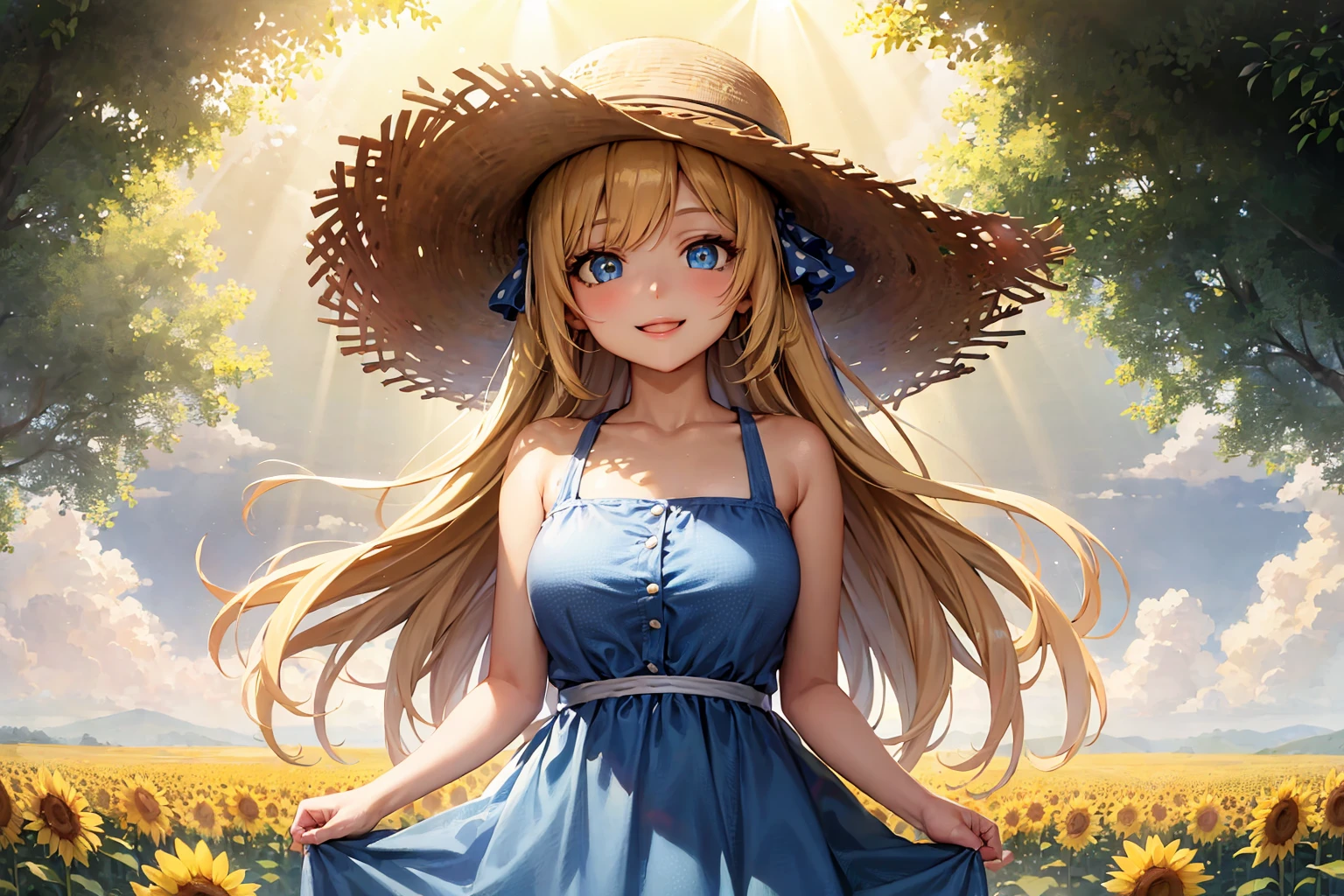 (best quality:1.1), (masterpiece:1.4), (absurdres:1.0), (hyper-detailed:0.5), 1girl, solo, blue summer dress, (Polka Dot Pattern:1.4), straw hat, standing, (tall Sunflower field:0.85), (sunbeam:1.2), blonde hair, blue eyes, smile, looking at viewer, happy, sun, (natural lighting:1.3), (Sun Glare:1.2), (mountain:0.2),