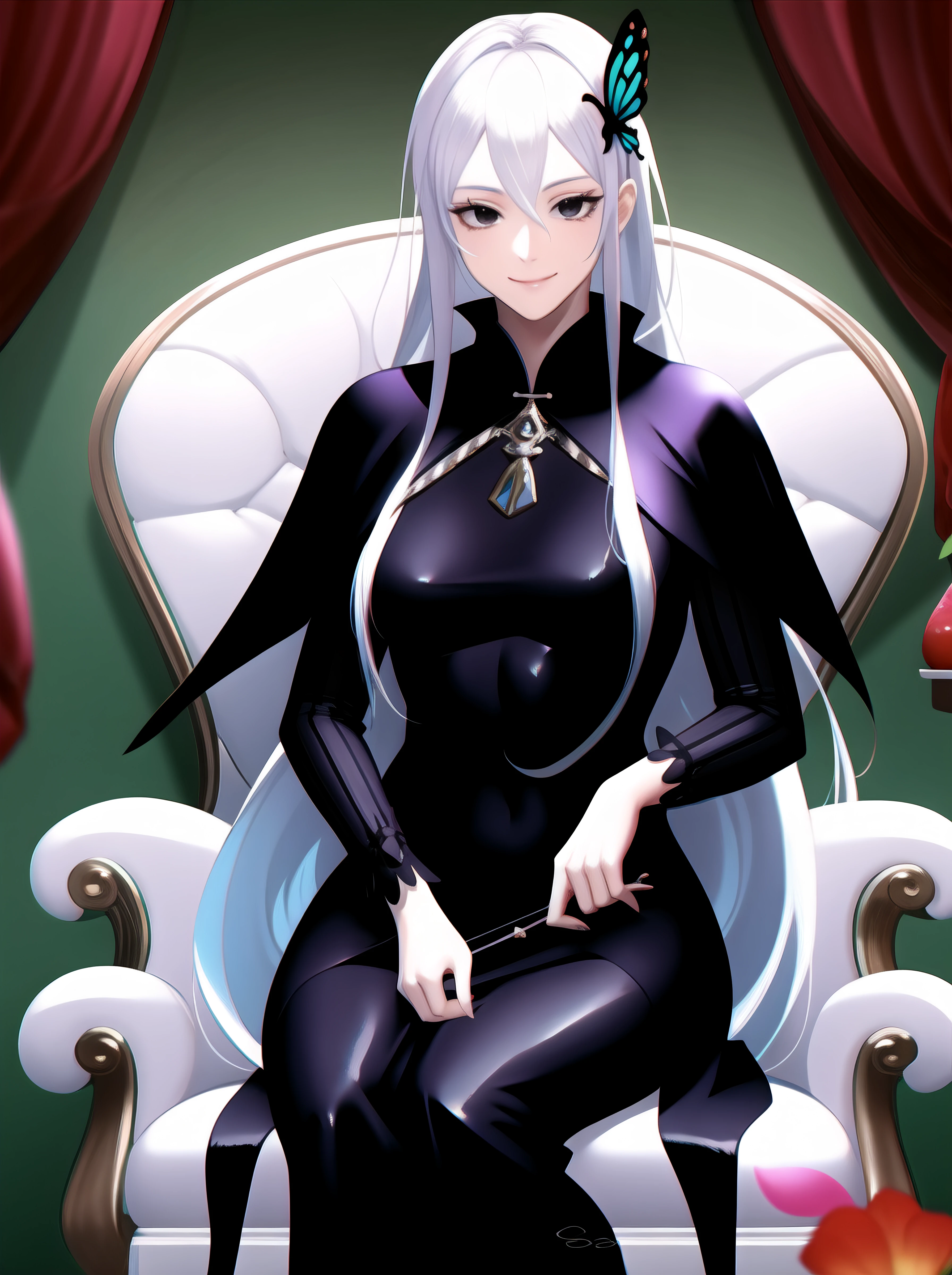High Quality,SadeAbyss,1girl, solo, <lora:reZeroEchidna_v10:0.6>,echidnanai ,long hair, butterfly hair ornament, sitting, smile, hair between eyes,capelet, long sleeves, petals, black dress, hair between eyes, butterfly, looking at viewer, black capelet, vertical stripes, very long hair, striped dress, breasts,closed mouth, chair, table, vertical-striped dress, white hair, (colored eyelashes:1.2), flower, black eyes, medium breasts, long dress,(white eyelashes:1.1),(masterpiece:1.4),(best quality:1.4), <lora:SadeAbyss_V2.8.1:1> ,
