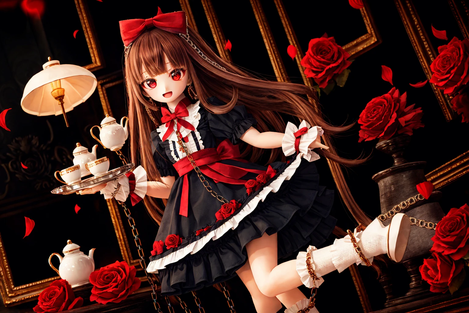 dd,doll,1girl, brown hair, long hair, solo, food, cup, flower, open mouth, chain, bow, picture frame, tray, looking at viewer, bangs, holding tray, holding, rose, teacup, cake, smile, hair bow, red eyes, black bow, dress, red flower, teapot, blunt bangs, skirt, fruit, blurry, dutch angle, socks, :d, white socks, wrist cuffs, petals, kneehighs, red rose, indoors, frills, plate