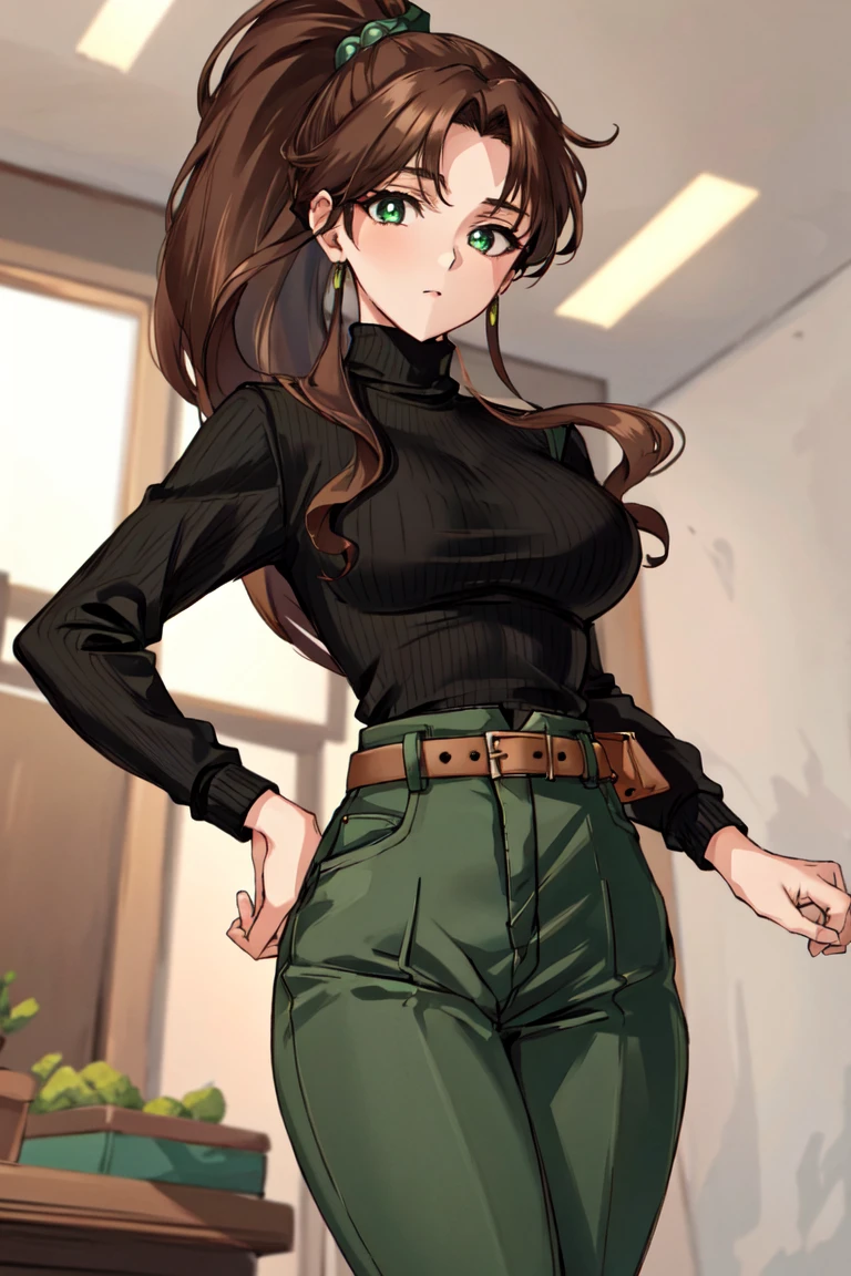 masterpiece, best quality, absurdres, perfect antomy, 1girl, SMJupiter, brown hair, green eyes, ponytail, indoors, turtleneck sweater, high-waist pants