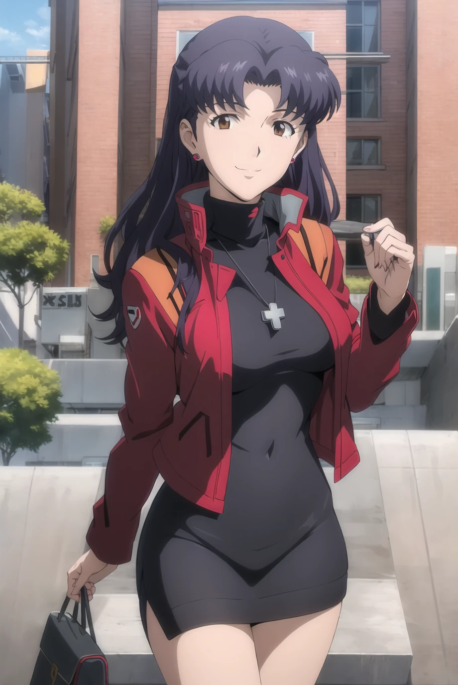 rebuild style, katsuragi misato, 1girl, brown eyes, purple hair, long hair, swiss cross, cross necklace, parted bangs, large breasts, red jacket, open jacket, miniskirt, black dress, (cropped jacket), earrings, closed mouth, smile, wind, looking at viewer, outdoors, cityscape, <lora:rebuildOfEvangelion_v4b-26:0.8>,