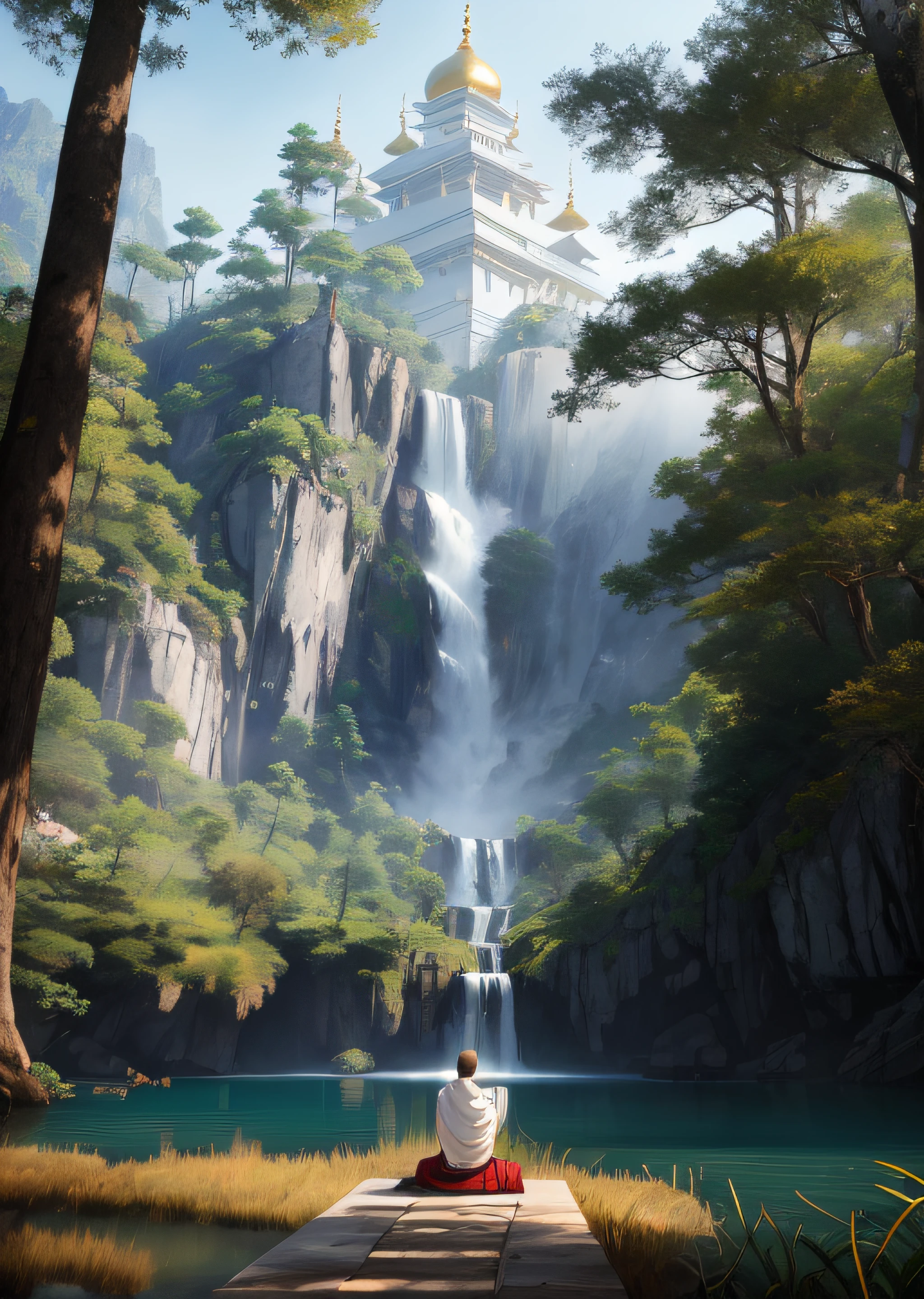 a monk is meditating, wearing a white robe in the temple, the temple is in the forest, raw photo, surreal photo, unreal engine 4, 8k, super sharp, detailed colors, wide color coverage , extreme scene detail, shading, anti-aliasing, error detail smoothing,raw photo, surreal image, unreal engine 4, 8k, super sharp, detailed colors, wide color coverage, extremely high scene detail, shading, anti-aliasing, error detail smoothing, raw photo, surreal photo, unreal engine 4.8k, super sharp, detailed color, wide color coverage, scene detail extremely tall object , (8k, RAW photo, best quality, masterpiece:1.2), (realistic, photo-realistic:1.37),modelshoot style, (extremely detailed CG unity 8k wallpaper),professional majestic oil painting by Ed Blinkey, Atey Ghailan, Studio Ghibli, by Jeremy Mann, Greg Manchess, Antonio Moro, trending on ArtStation, trending on CGSociety, Intricate, High Detail, Sharp focus, dramatic, photorealistic painting art by midjourney and greg rutkowski, scene detail extreme objects, shading, anti-aliasing, error detail smoothing