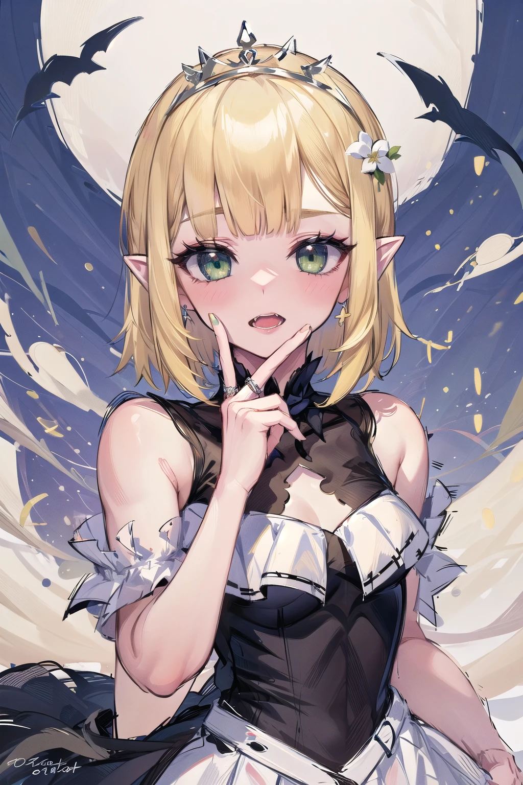 masterpiece,best quality,ultra-detailed, ray tracing,perfect lighting, hand to own mouth,<lora:V-000008:1>,(v over mouth:1.2),
1girl, blonde blunt bangs bob hair, green eyes,pointy ears,insanely excess frilled white dress, small breasts, (small tiara:1.0), standing colorful flowers field looking at viewer