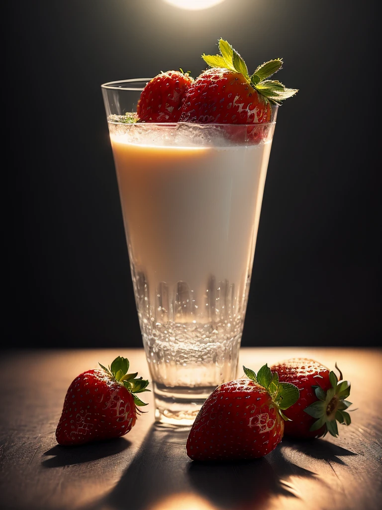 product photography of a 10 small strawberries fall into a glass of milk, intricate, epic, highly detailed, vibrant, food photography, epic render, octane, accent lights, (backlit:1.3), (cinematic:1.3), intricate details, (ArtStation:1.3)