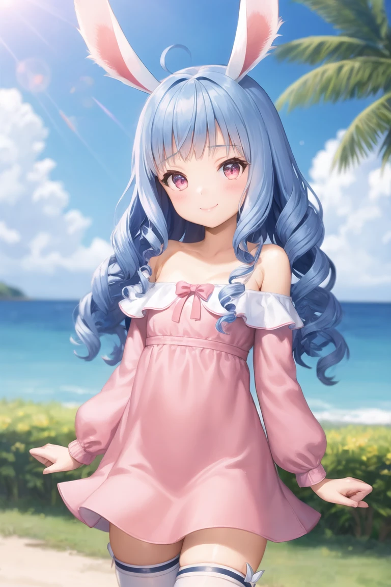 1girl, <lora:ElinDress:1>, elin, white thighhighs, pink dress, smile, off shoulder, blue hair, forehead, rabbit ears, curly hair,