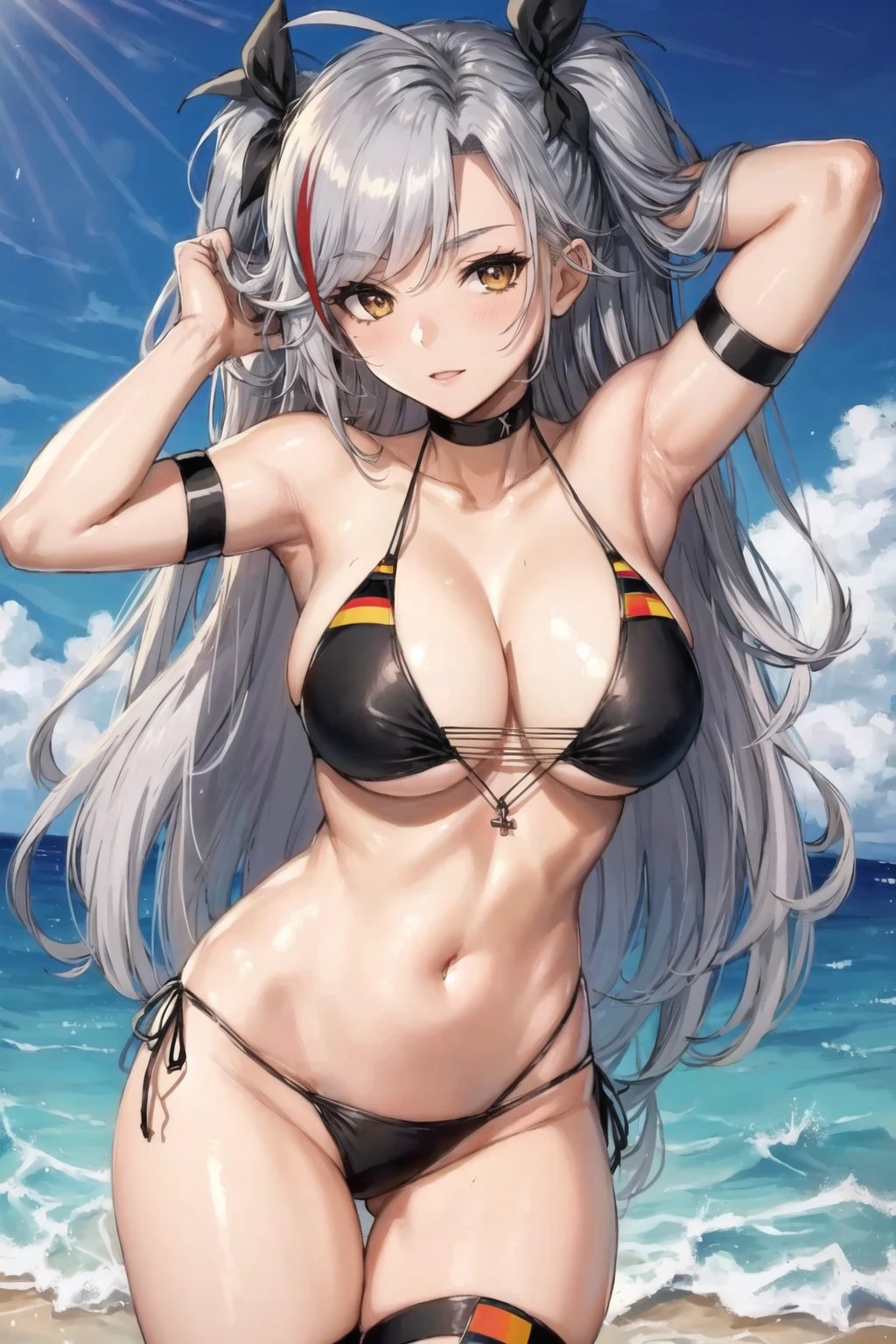 best quality, masterpiece, PrinzV4, 1girl, solo, gray hair, long hair, swimsuit, antenna hair, official alternate costume, black bikini, german flag bikini, flag print, arm behind head, streaked hair, thigh strap,  side-tie bikini bottom