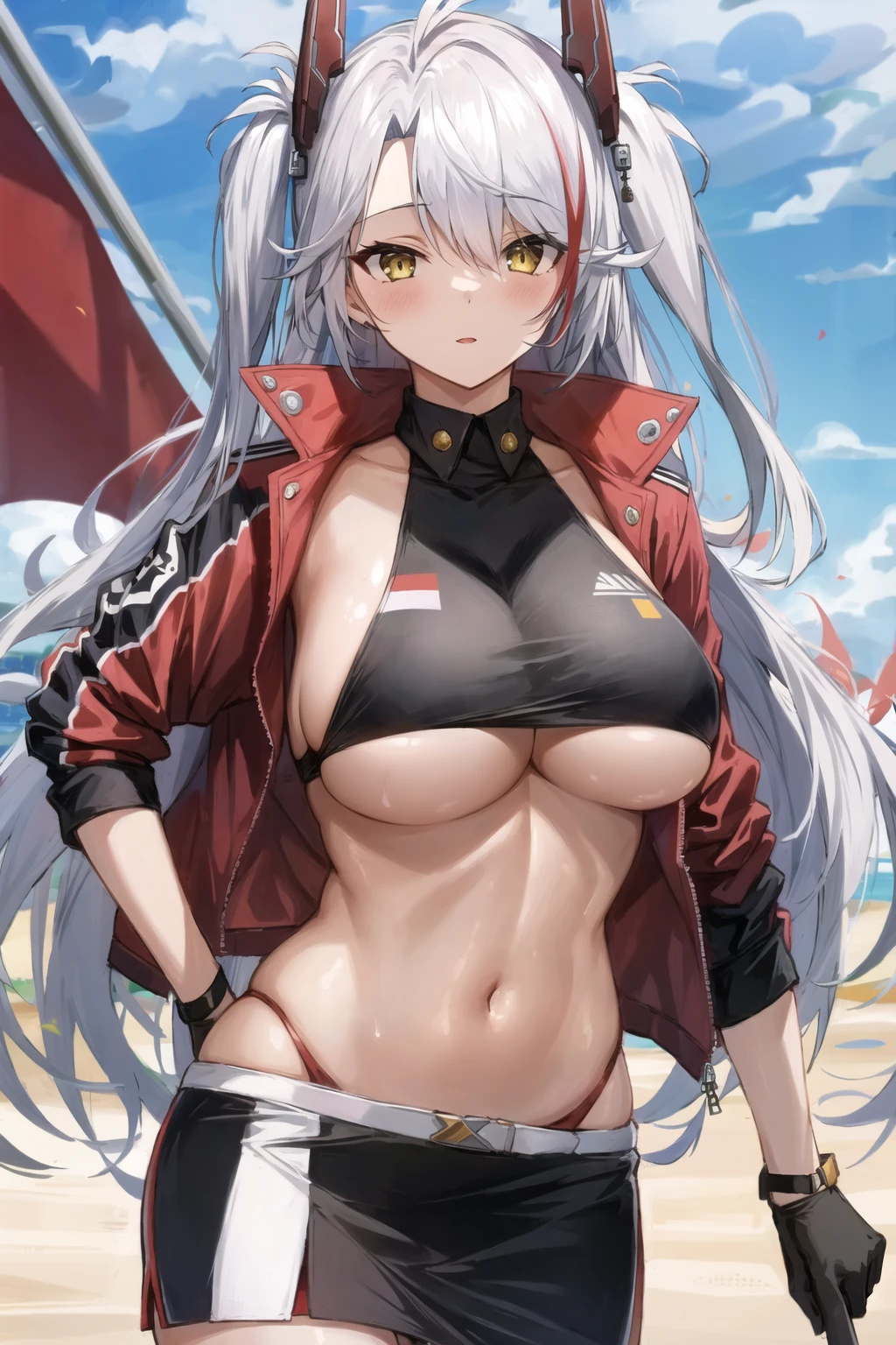 masterpiece, best quality, PrinzV4, 1girl, solo, long hair, breasts, looking at viewer, skirt, large breasts, gloves, navel, holding, jacket, yellow eyes, white hair, red hair, multicolored hair, open clothes, black gloves, open jacket, official alternate costume, streaked hair, black jacket, hand on hip, underboob, headgear, flag, red panties, race queen, holding flag,  <lora:PrinzEugenV4-15:0.8>