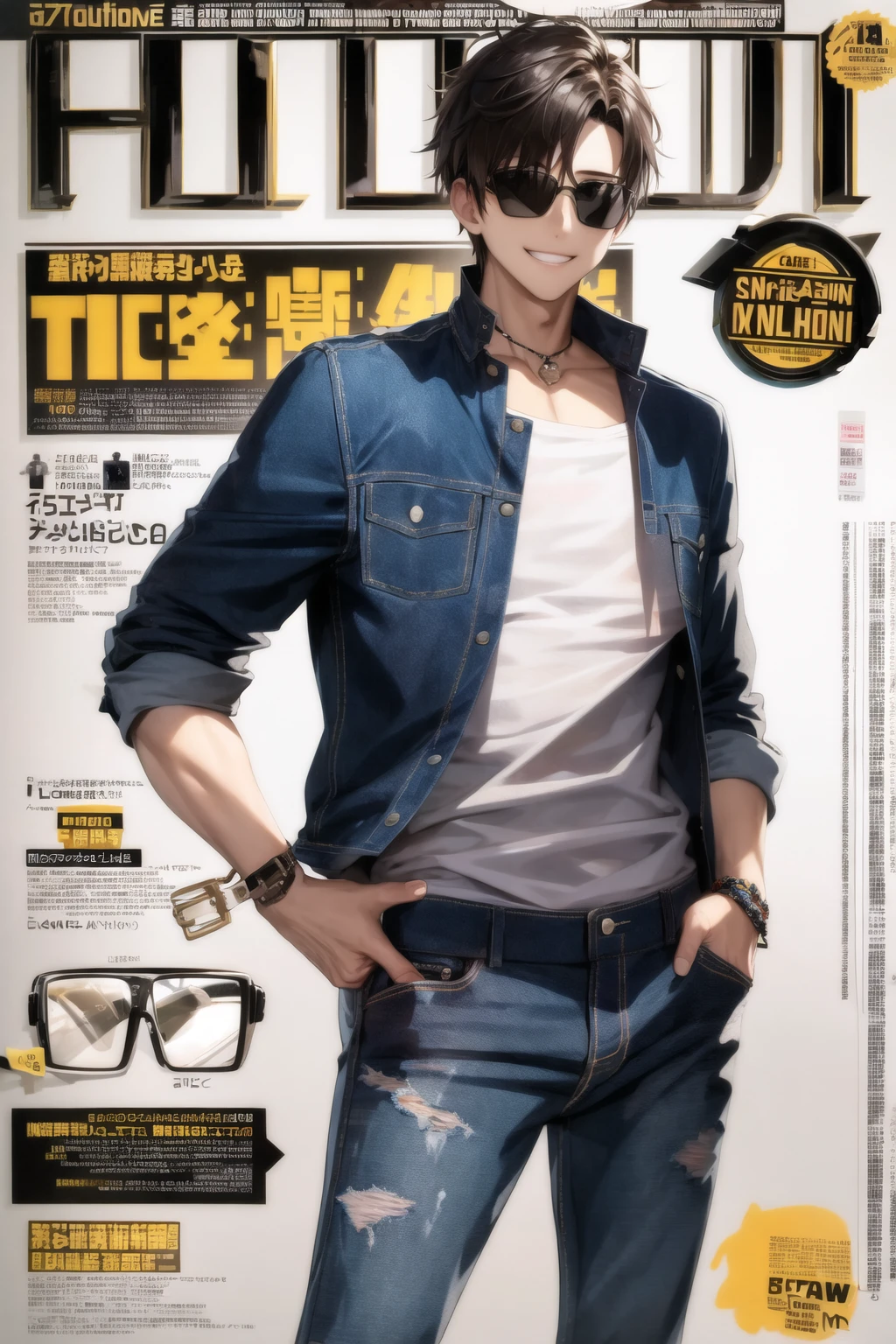 magazine cover, 1boy, sunglasses, smile, <lora:Magazine-10:0.6>, torn jeans, unbuttoned shirt