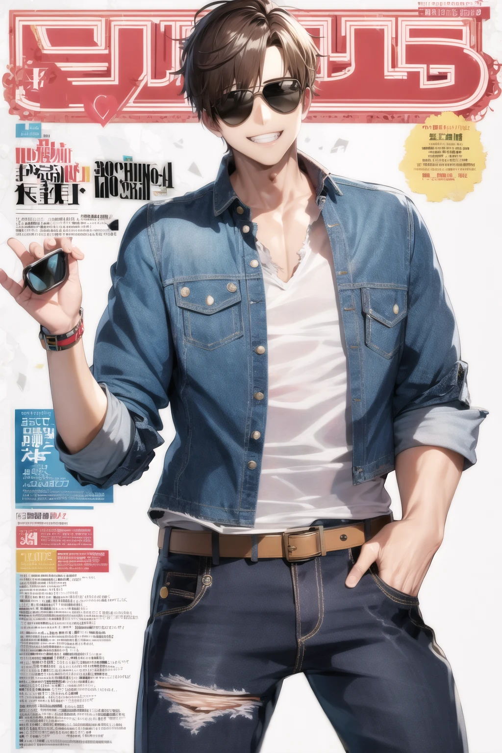 magazine cover, 1boy, sunglasses, smile, <lora:Magazine-10:0.6>, torn jeans, unbuttoned shirt