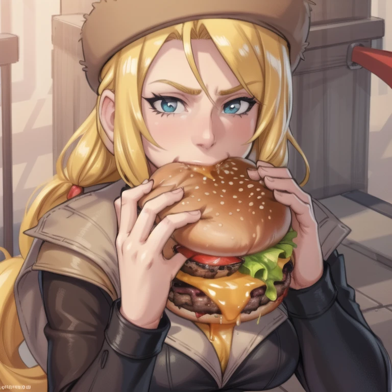 masterpiece, ultra high quality cg, 4K, best quality, middle-aged woman, milliaMS, two-handed burger, eating, holding huge burger with both hands, close-up