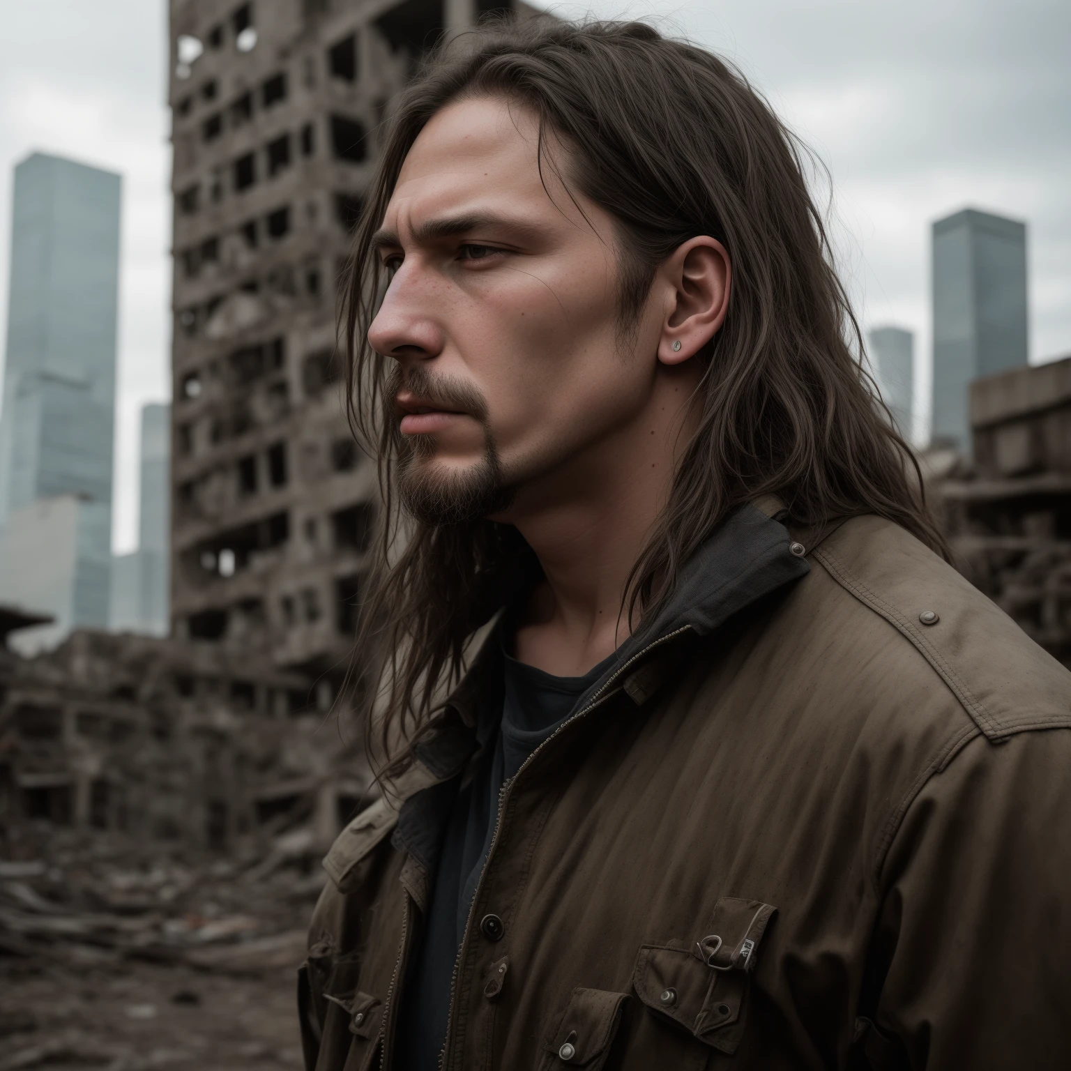 RAW Photo, photography, photorealistic, Analog, Award Winning Photograph, RAW photo, a close up portrait photo of brutal 45 y.o man in wastelander clothes, long haircut, pale skin, slim body, background is city ruins, (high detailed skin:1.2), 8k uhd, dslr, soft lighting, high quality, film grain, Fujifilm XT3