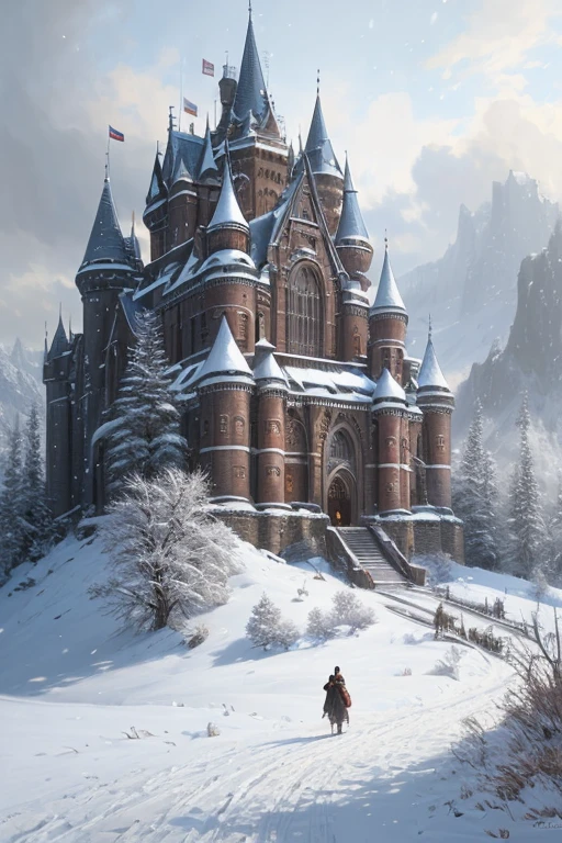 (extremely detailed CG unity 8k wallpaper), full shot photo of the most beautiful artwork of a medieval castle, snow falling, nostalgia, grass hills, professional majestic oil painting by Ed Blinkey, Atey Ghailan, by Jeremy Mann, Greg Manchess, Antonio Moro, trending on ArtStation, trending on CGSociety, Intricate, High Detail, Sharp focus, dramatic, photorealistic painting art by midjourney and greg rutkowski