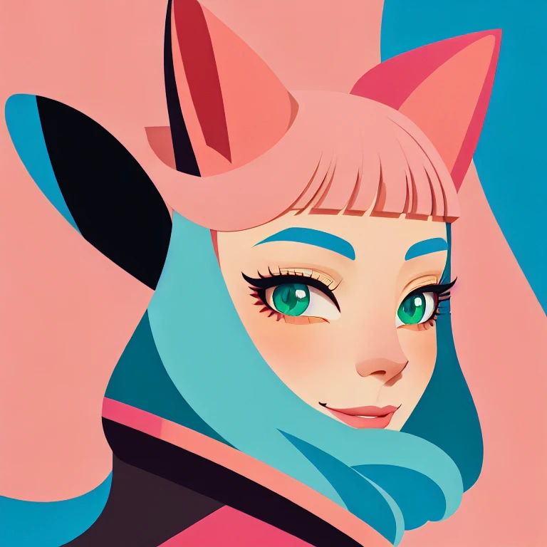 cat  ears, profile, deformed background, flat color, solo, close-up (mature) face, illustration, many layers, limited tone, isometric, dribbble style illustration, vivid pink hair, clear eyes, colored_skin, green_hair, jacket, long_hair, looking_at_viewer, parted_lips, smile, solo<lora:LORA320xrikishisUnstable_alpha50:1>