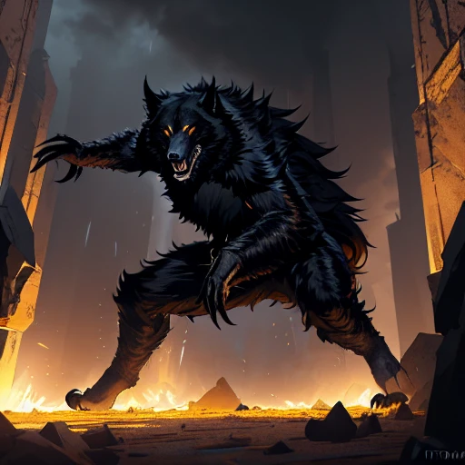 1man, dynamic pose of werewolf from underworld, ultra wide angle, in focus, dark epic background, golden fur design, hyper details, lighting art, cinematic, insane details, intricate details, hyperdetailed, goth, fractal, dark shot<lora:LORA320icomixV03:1>