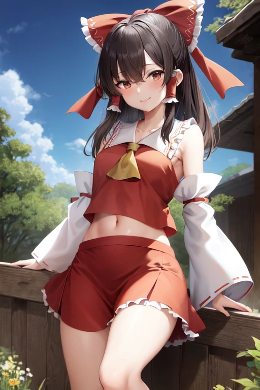 masterpiece, best quality, absurdres, cinematic lighting,Hakurei Reimu, 1girl, solo, blush, smile, red skirt, red shirt, long sleeves, navel, bare shoulders, medium breasts, collarbone, hair bow, frills, wide sleeves, detached sleeves,hair tubes, yellow ascot, shrine, outdoors, sky, day, cloud