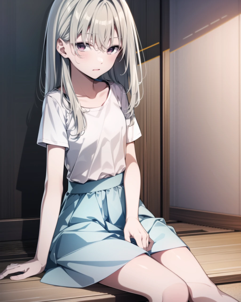 ((masterpiece)), ((best quality)), ((highres)), ((extremely detailed CG unity 8k wallpaper)), solo, <lora:mia:1>, loopers mia, small breasts, white t shirt, long blue skirt, indoors, sitting, ramen
