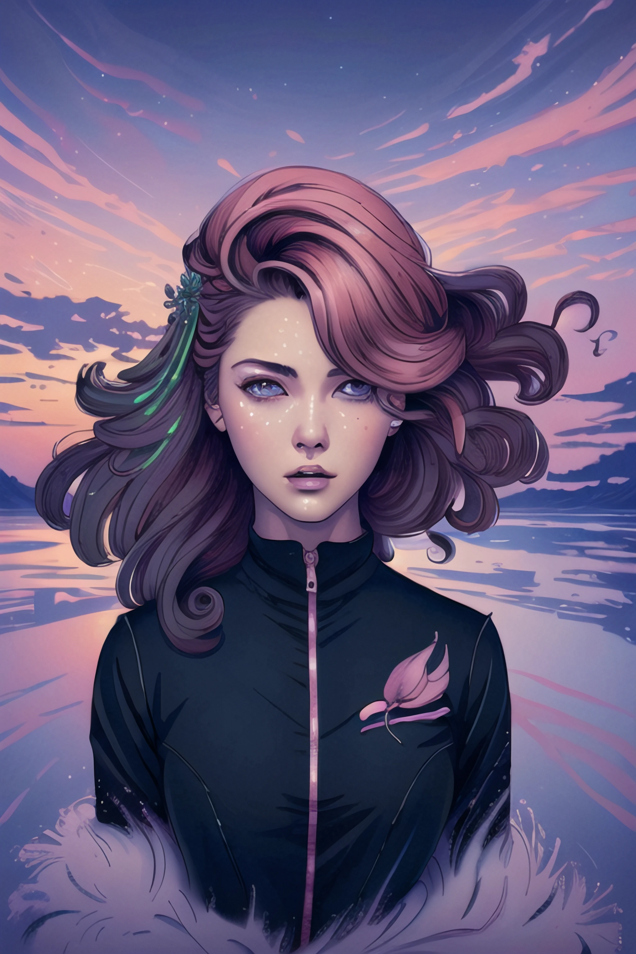 (masterpiece), (best illustration), 1girl, solo, long hair, violet and pink hair, vivid green eyes, punk clothing, upper body, large breasts, depth of field, solo, extreme light and shadow, masterpiece, rich in detail, (fine features), (highest quality), (masterpiece), (detailed eyes), (beautiful) detailed, beautiful detailed eyes, upper body, (close up), (extremely detailed digital art wallpaper),(masterpiece), (best quality), (ultra-detailed), (best illustration),(best shadow),perfect lighting , vivid colors