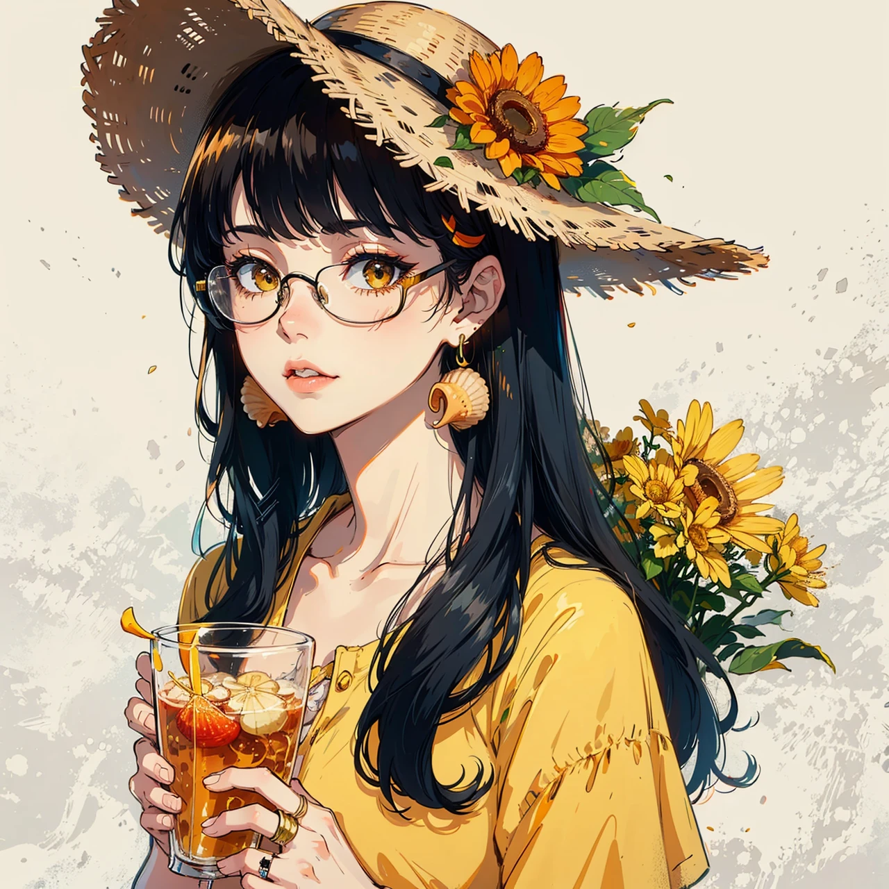 1girl, solo, starfish, seashell, shell, flower, hat, hair ornament, jewelry, straw hat, looking at viewer, sunglasses, hat flower, drinking straw, hairclip, earrings, red flower, tinted eyewear, yellow flower, bangs, english text, multicolored hair, orange flower, black hair, ring, cup, long hair, orange-tinted eyewear, food, brown hair, portrait, shell hair ornament