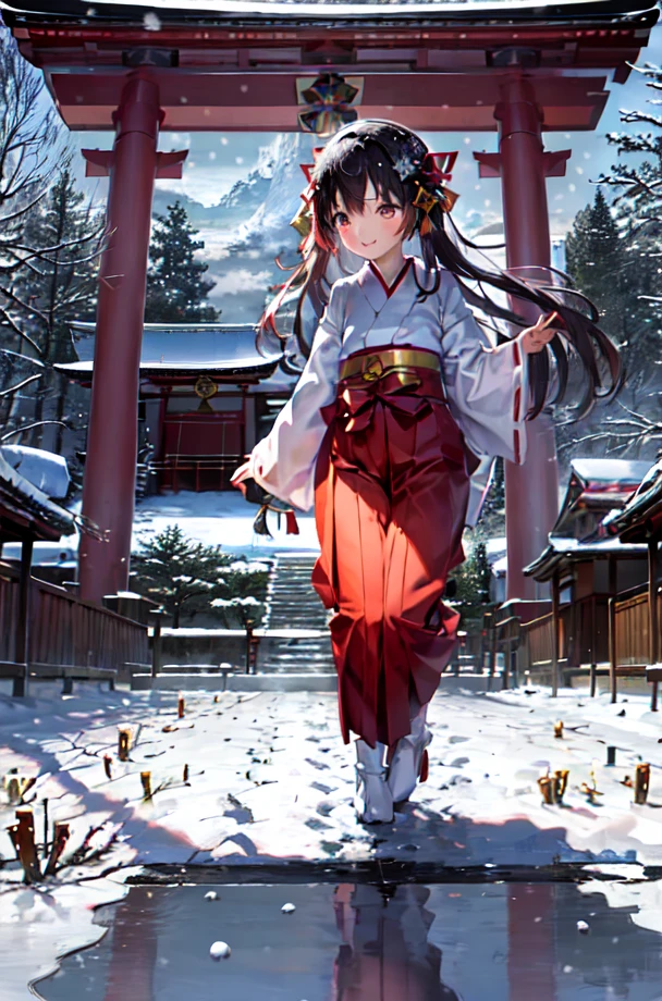 masterpiece, best quality, ultra-detailed, illustration, (1girl:1.2), solo, extremely cute, (childish:1.4, very young girl), running, playing with snow, outdoor, japanese shrine, shrine maiden, (miko clothes, (red long hakama), white chihaya:1.2), black hair, long hair, nature, (winter, snowing:1.4), (snowing sky, cloudy:1.5), (heavy snow, snow flakes:1.4), cold breath, white mountain, beauty, cute, smiling, innocent, fantasy, imaginary, mythically, shadows, dynamic, cold, peaceful, serene, quiet, tranquil, intuition, adaptability, creativity, imagination, artistry, inspiration, awe, wonder, gratitude, appreciation, enjoyment, mindfulness, awareness, connection, harmony, balance, texture, detail, realism, depth, perspective, composition, color, light, shadow, reflection, refraction, tone, contrast, foreground, middle ground, background, naturalistic, figurative, representational, impressionistic, expressionistic, abstract, innovative, experimental, unique, <lora:mikoClothes_v1:0.5>