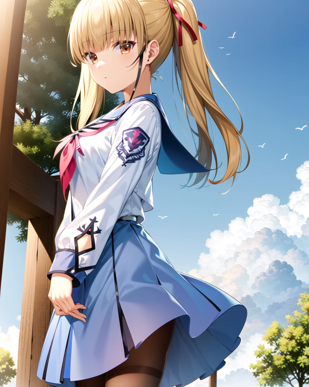 ((masterpiece)), ((best quality)), ((highres)), ((extremely detailed CG unity 8k wallpaper)), solo, <lora:yusa:1>, yusa, angel beats uniform, black leggings, expressionless, outdoors, standing at attention, cowboy shot, two side up, blunt tips
