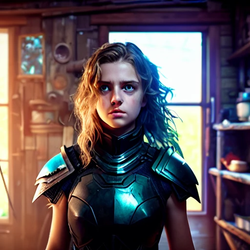 dark and gloomy full body 8k unity render, female teen cyborg, Blue yonder hair, wearing broken battle armor, at cluttered and messy shack , action shot, tattered torn shirt, porcelain cracked skin, skin pores, detailed intricate iris, very dark lighting, heavy shadows, detailed, detailed face, (vibrant, photo realistic, realistic, dramatic, dark, sharp focus, 8k)<lora:LORA1024CV1024epicDiffusion11:1>