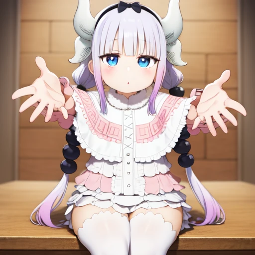 masterpiece, incoming hug, knn, dress, capelet, gardient hair, hair beads, hairband, horns, blue eyes, twintails, thighhighs, sitting, (elegant), (intricate), ornate , Exquisite, (thick thighs:0.9)