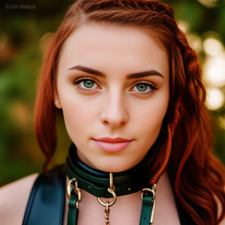 RAW photo of an elegant 20y.o. freckled Irish collared girl, nude, green leather choker, metal buckle, mechanical shackle, natural red ginger braided hair, green eyes, flirting with camera, closed mouth, (submissive pose), industrial scene, sweaty, modelshoot style, Fujifilm XT3, DSLR, film grain, bokeh, high quality, (high detail skin:1.2) <lora:collared:1>